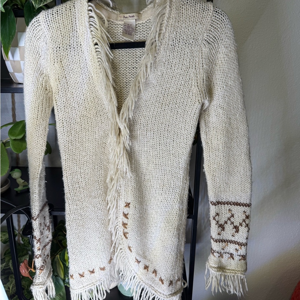 Free People Cream Fringe Cardigan with Brown Accents